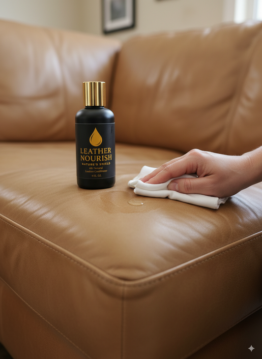 A person's hand is wiping leather nourish natural leather conditioner on a couch