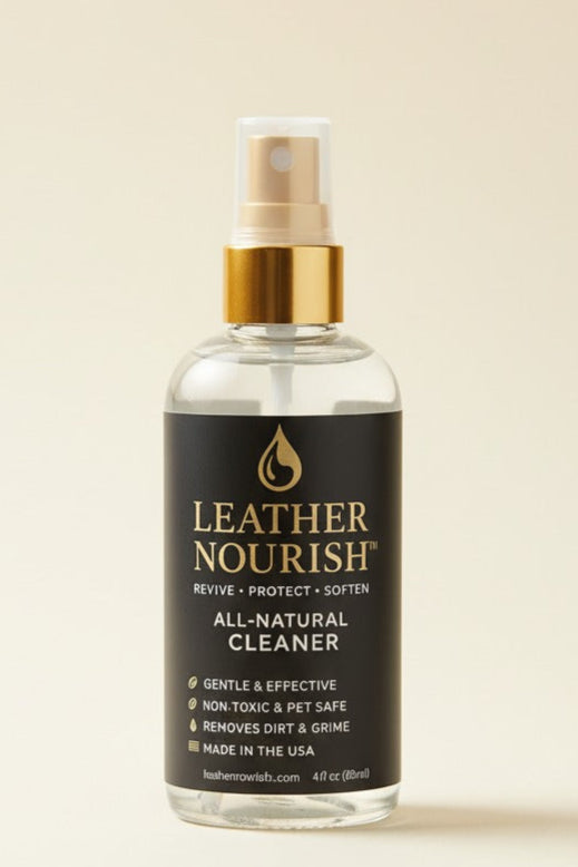 Bottle of Leather Nourish all-natural cleaner on a beige background