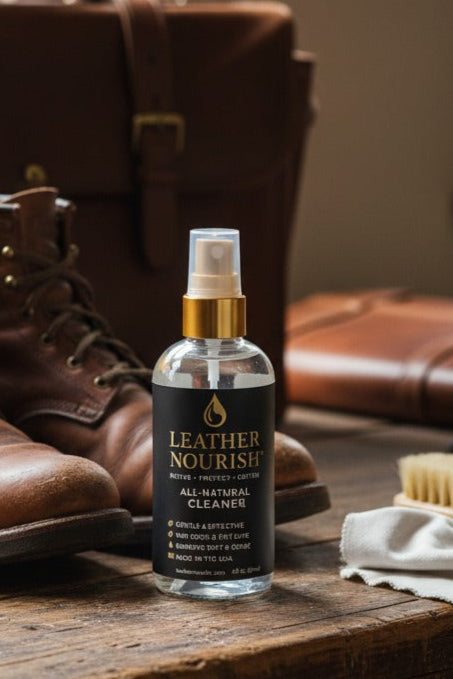 Bottle of leather nourish cleaner on a wooden table with brown boots and a brush.