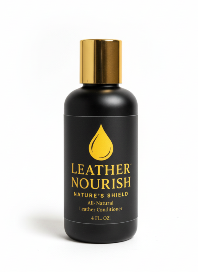 Black bottle of Leather Nourish with gold cap on a white background