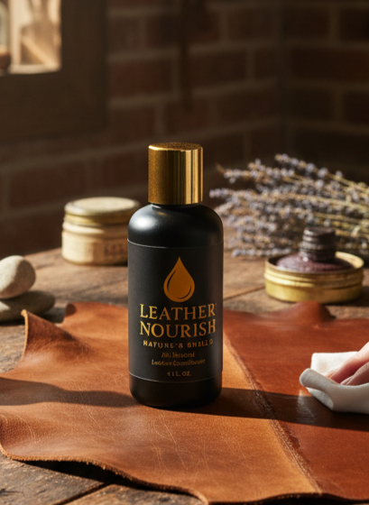 Bottle of leather nourish on a wooden table with a hand using a cloth.