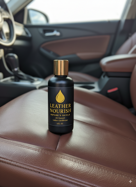 A black bottle of "Leather Nourish" leather conditioner with a gold cap sits upright on a brown leather car seat, with the car's interior visible in the background.