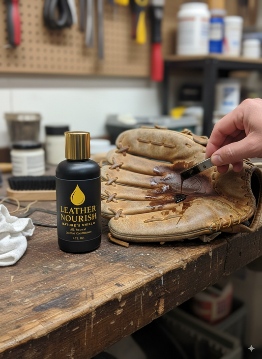 A bottle of Leather Nourish conditioner sits on a wooden workbench next to a baseball glove. A person's hand is visible, using a brush to apply oil to the glove. The background is a slightly blurred workshop with various tools and supplies.
