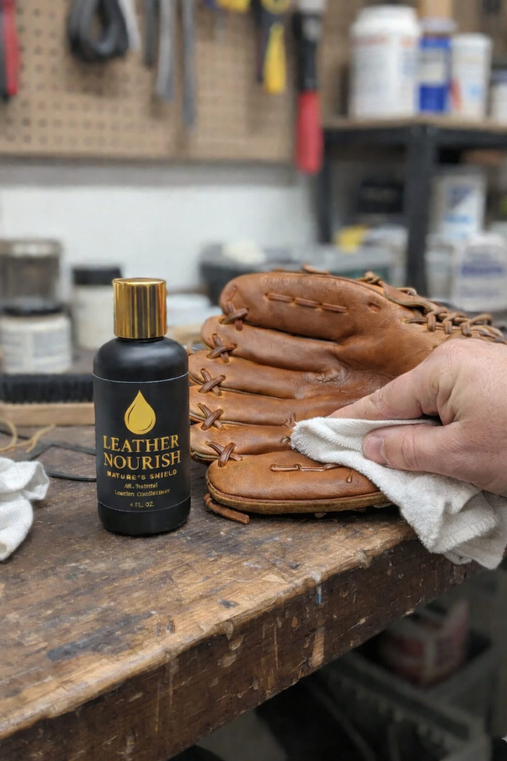 A hand uses a soft white cloth to apply Leather Nourish conditioner to a tan baseball glove, visibly restoring the leather to a rich, smooth, like new finish.