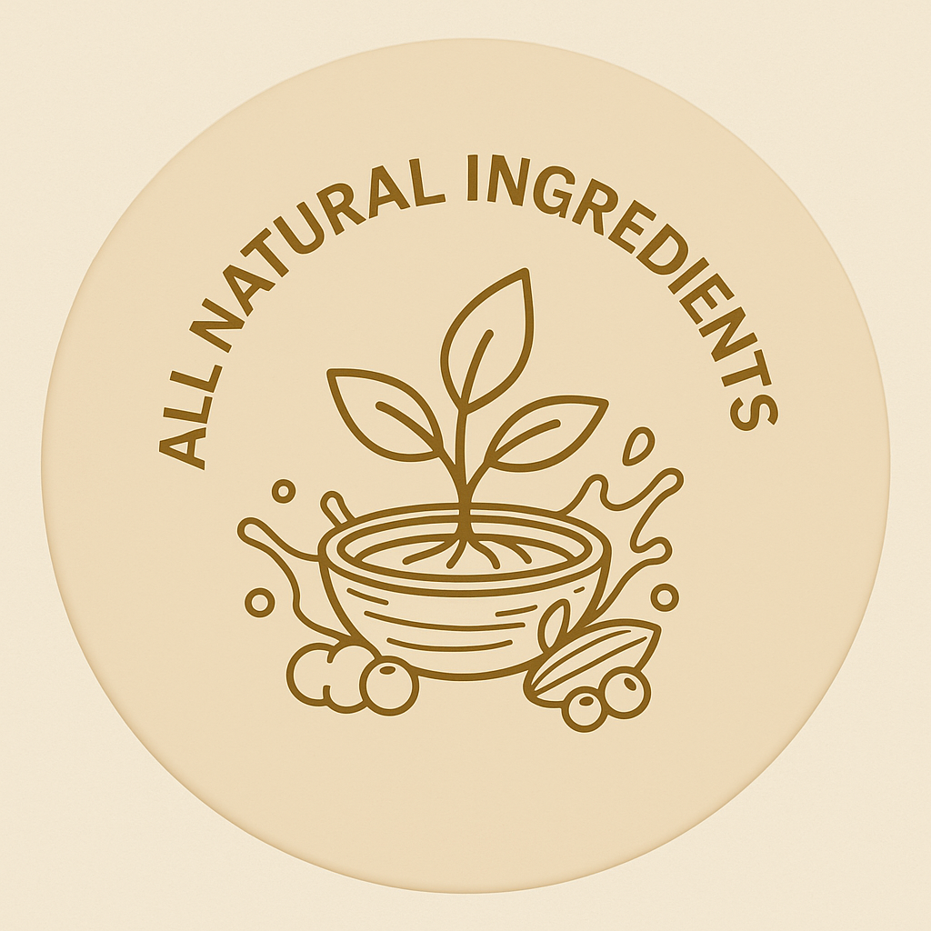 All Natural Ingredients badge for Leather Nourish leather conditioner, featuring a green sprout in a wooden bowl with oil splash.