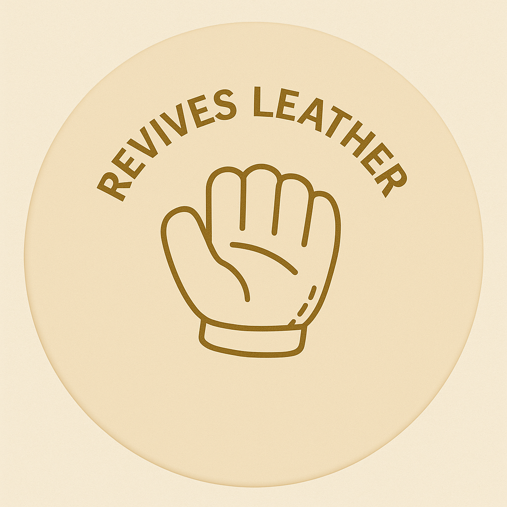 Revives Leather badge for Leather Nourish leather conditioner, with a stylized baseball glove icon symbolizing restored softness and durability