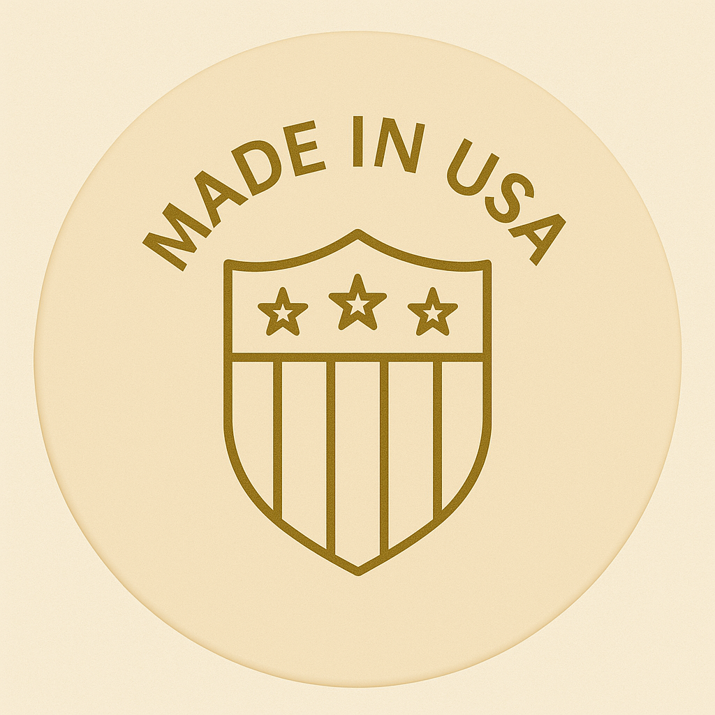 Made in USA badge for Leather Nourish, featuring a shield with stars and stripes representing American quality craftsmanship.