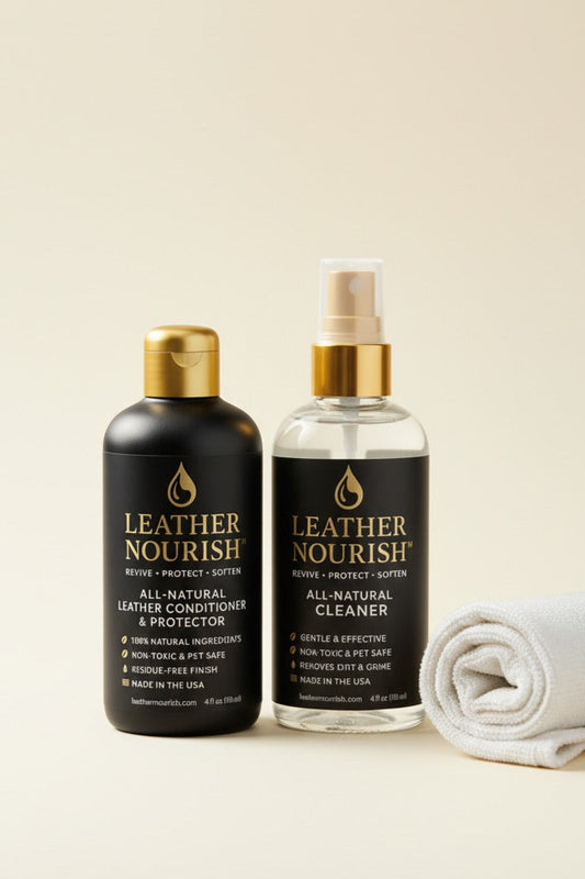 Two bottles of Leather Nourish products on a beige background