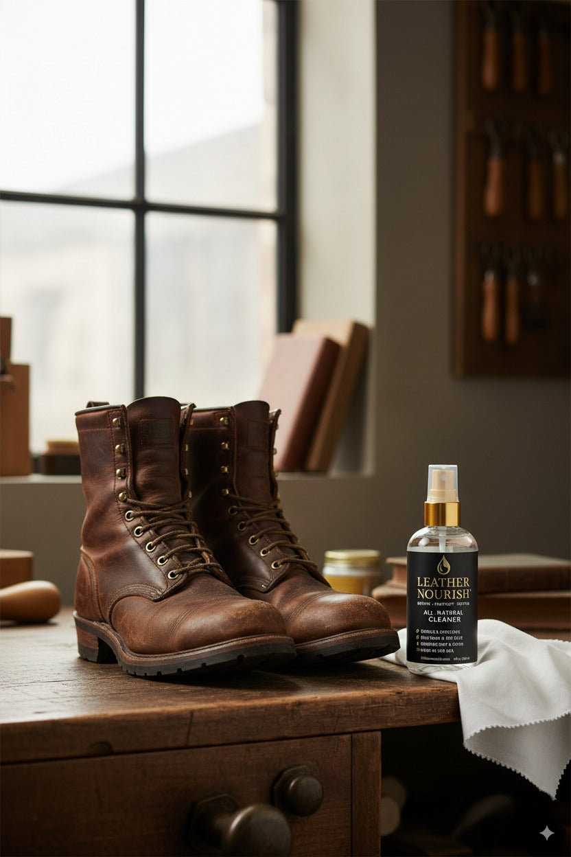 Brown leather boots on a wooden surface with a bottle of leather nourish cleaner.