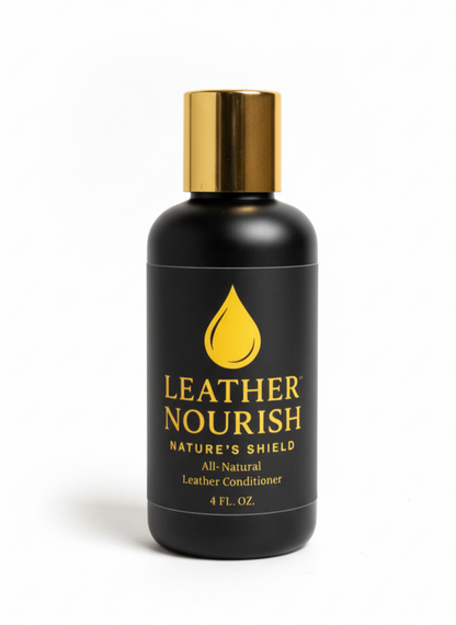 Black bottle of Leather Nourish with gold cap on a white background