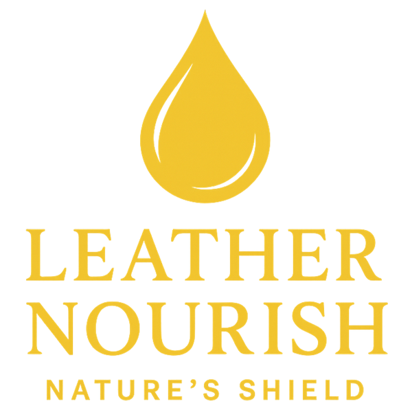 Logo of Leather Nourish with a yellow droplet and text on a white background