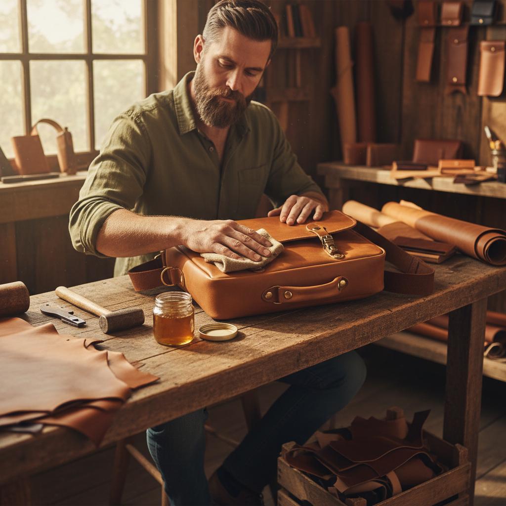 man wiping Leather Nourish natural leather conditioner on leather bag